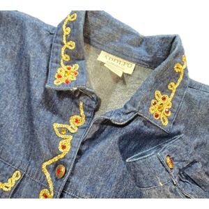Vintage Denim Shirt Embroidered Rhinestone Western Blue Small Adolfo‎ Collect